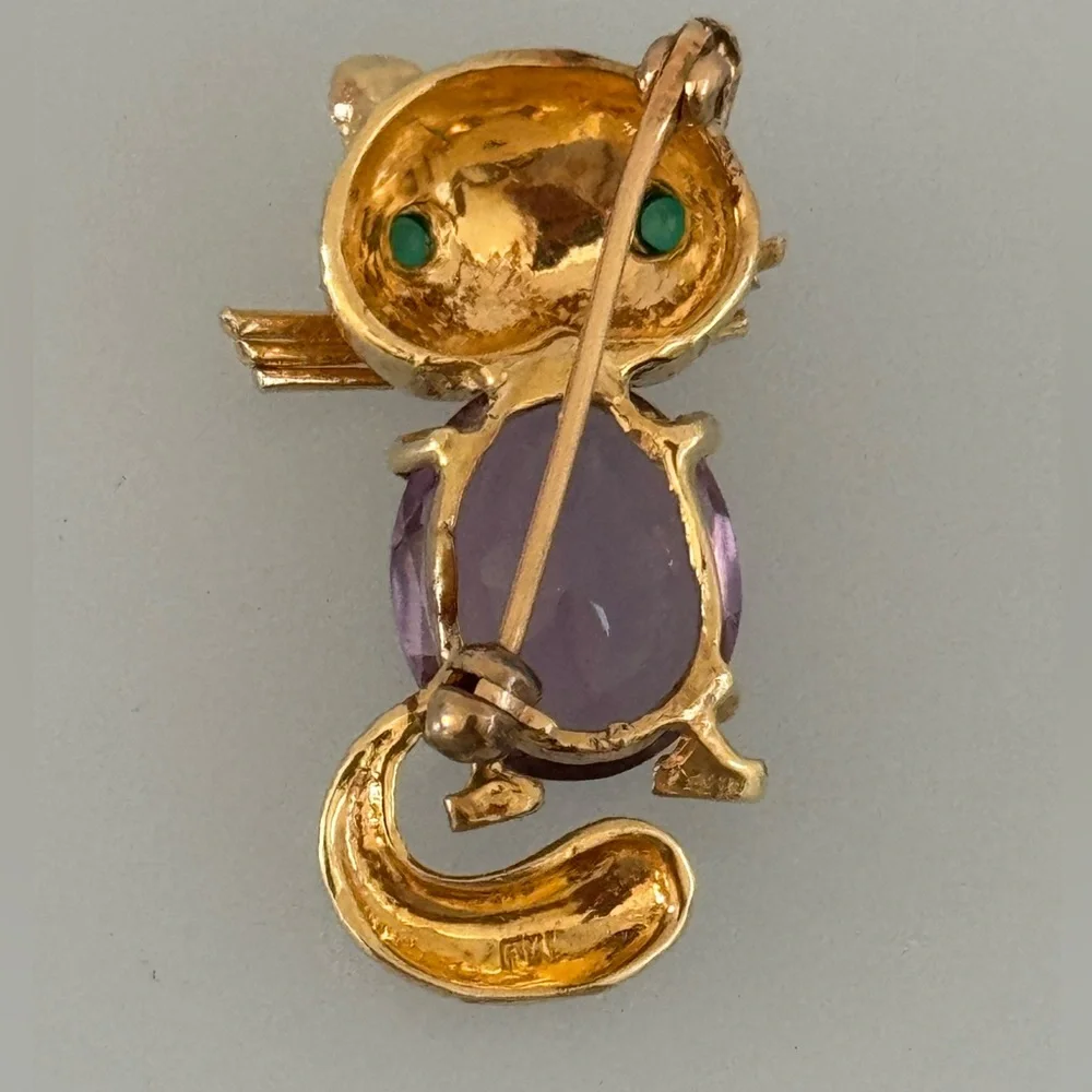 14k real solid gold amethyst emeralds eyes Cat brooch